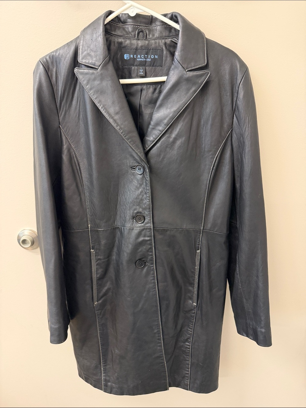 Kenneth Cole Reaction 100% Black Leather Button-Front Blazer Coat